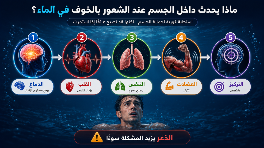 إنفوغرافيك يوضح الاستجابة الجسدية للخوف في الماء، بدءًا من تنشيط الدماغ وتسارع نبضات القلب والتنفس، وصولًا إلى توتر العضلات وانخفاض التركيز أثناء السباحة.