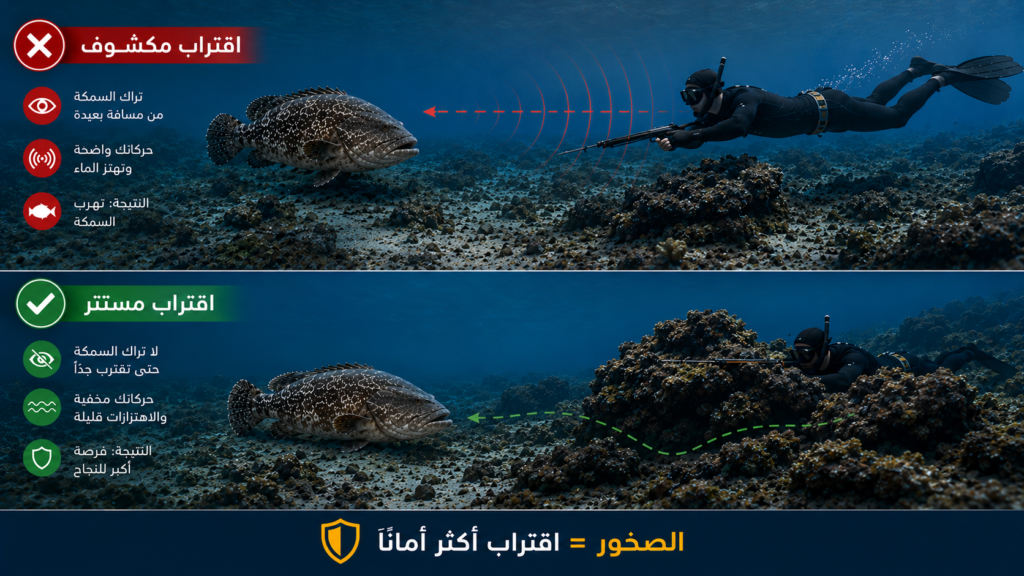 إنفوغرافيك يوضح الفرق بين الاقتراب المكشوف والاقتراب المستتر خلف الصخور أثناء الصيد تحت الماء، مع مقارنة تأثير كل أسلوب على سلوك الهامور وفرص نجاح الغواص.