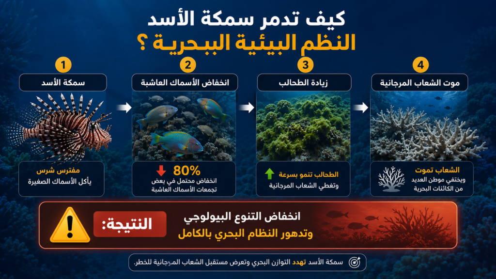 إنفوغرافيك يوضح كيف تؤدي سمكة الأسد الغازية إلى اختلال التوازن البيئي البحري، بدءًا من افتراس الأسماك الصغيرة وصولًا إلى تدهور الشعاب المرجانية وانخفاض التنوع البيولوجي.