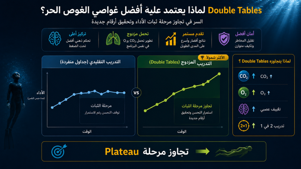 إنفوغرافيك يوضح كيف يساعد تمرين Double Tables غواصي الغوص الحر على تجاوز مرحلة Plateau، من خلال الجمع بين تحمل CO₂ وO₂ وتحقيق تطور مستمر في مدة حبس النفس والأداء تحت الماء.