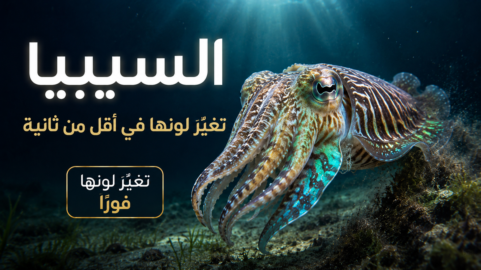 السيبيا (السبيط) تغيّر لونها في أقل من ثانية أثناء السباحة فوق القاع البحري، مظهرةً قدرتها المذهلة على التمويه والتخفي، في لقطة سينمائية توضح أحد أكثر الكائنات البحرية ذكاءً وإثارة.