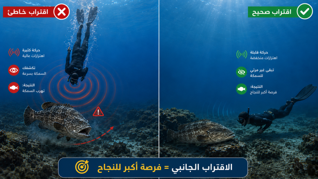 إنفوغرافيك يوضح الفرق بين الاقتراب العمودي الخاطئ والاقتراب الجانبي الصحيح من الأسماك الكبيرة، مع مقارنة تأثير الحركة والاهتزازات على سلوك الهامور تحت الماء.