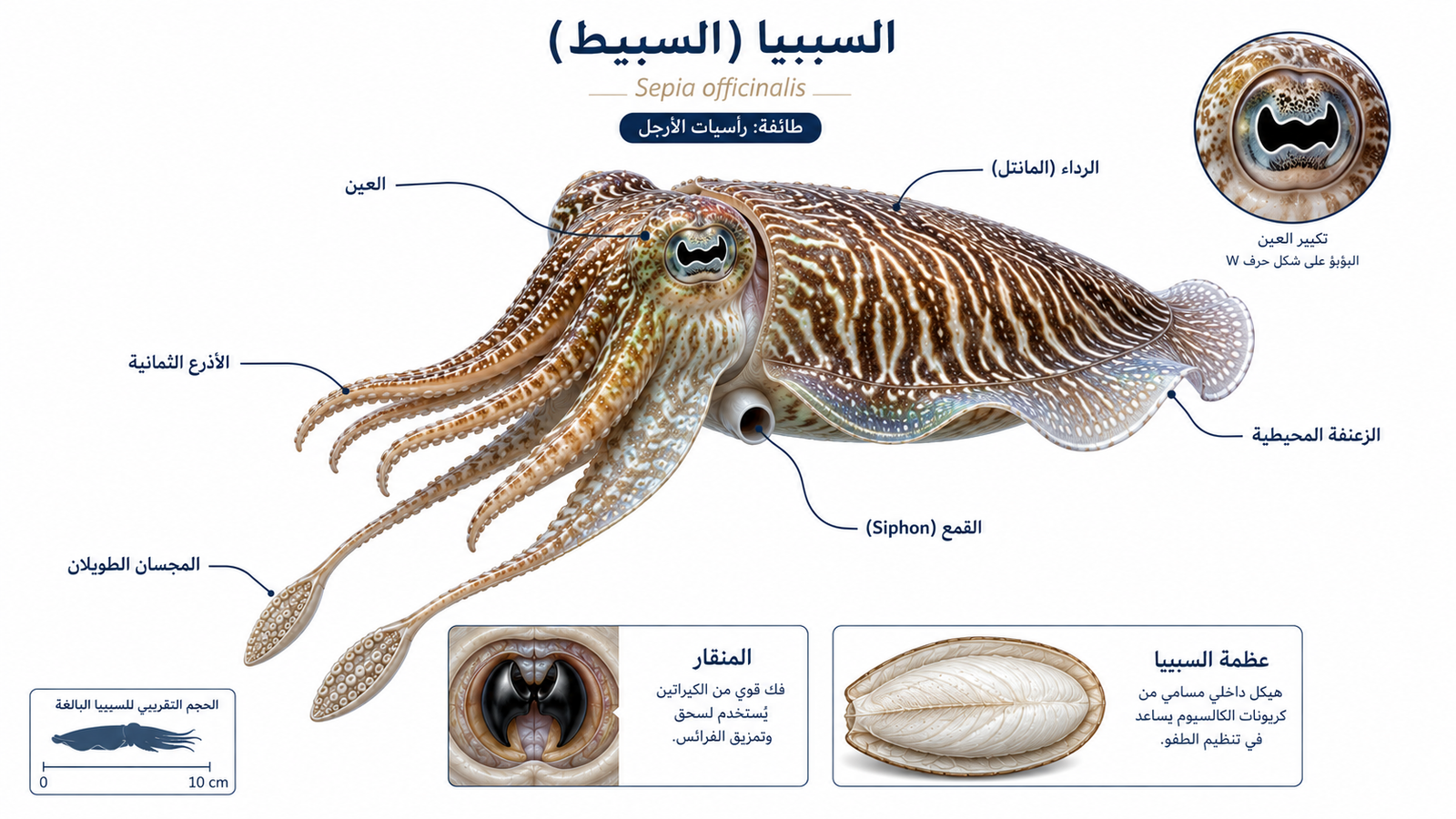رسم تشريحي احترافي للسيبيا (السبيط) يوضح أجزاء الجسم الخارجية، بما في ذلك الرداء، الزعنفة المحيطية، الأذرع، المجسان، القمع (Siphon)، المنقار، عظمة السيبيا، والعين ذات البؤبؤ على شكل حرف W.