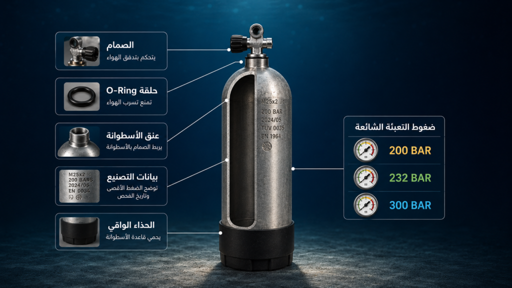 رسم تشريحي لأسطوانة غوص يوضح الأجزاء الرئيسية مثل الصمام، حلقة O-Ring، عنق الأسطوانة، جسم الأسطوانة، بيانات التصنيع، والحذاء الواقي، مع عرض ضغوط التعبئة الشائعة 200 و232 و300 بار.