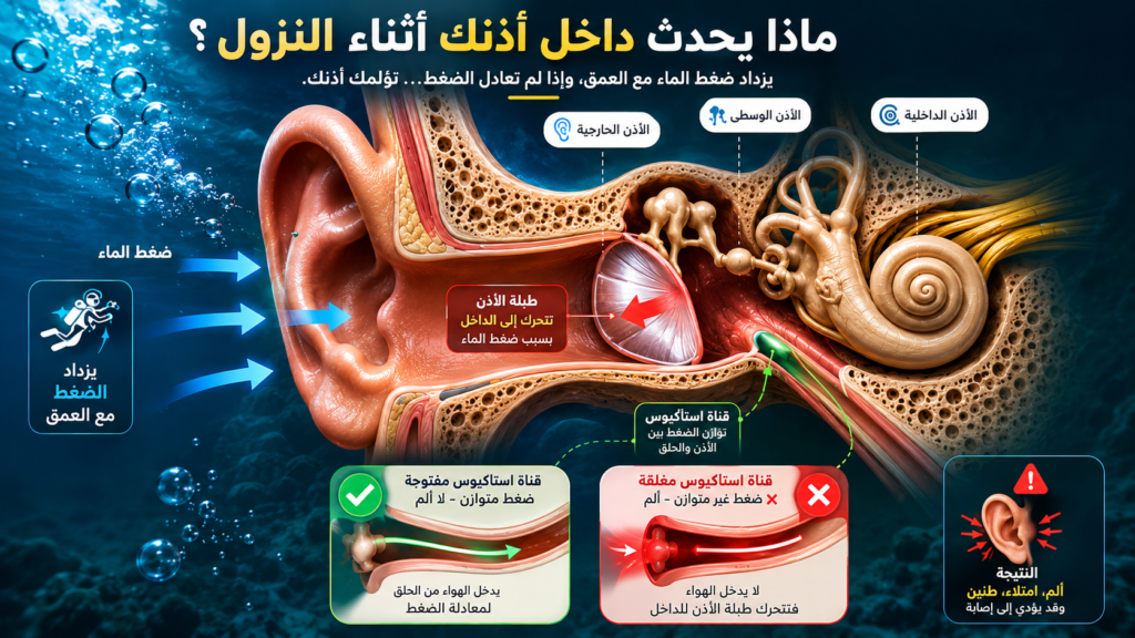 إنفوغرافيك طبي يوضح ما يحدث داخل الأذن أثناء النزول تحت الماء، وكيف يؤدي فشل معادلة الضغط إلى انضغاط طبلة الأذن وانسداد قناة استاكيوس وحدوث باروتروما الأذن.