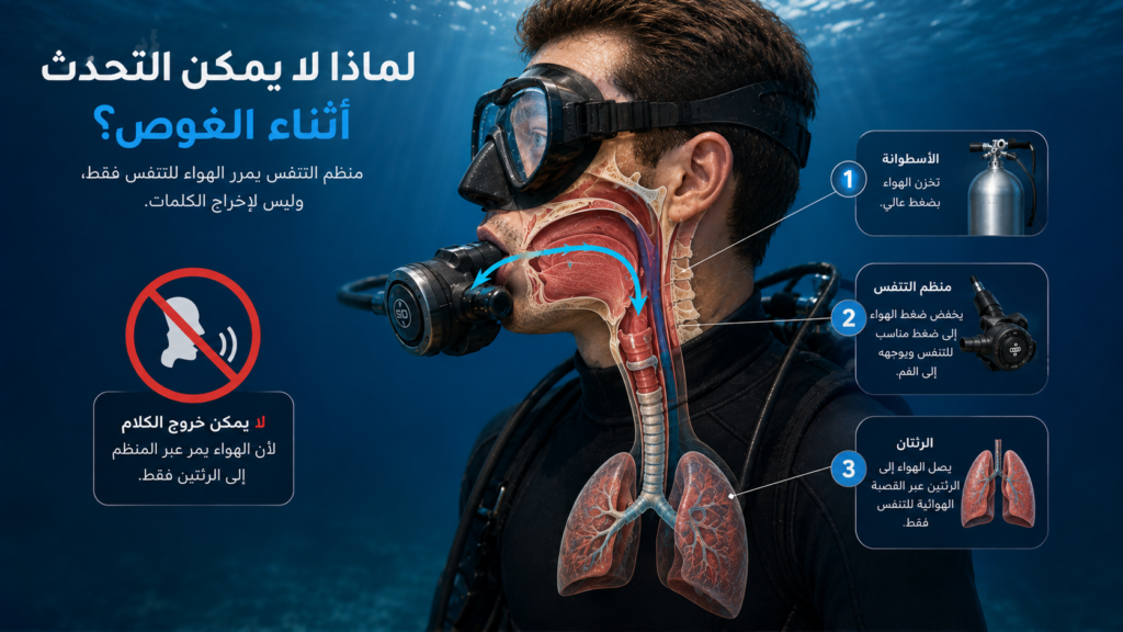 رسم تشريحي يوضح سبب عدم قدرة الغواص على التحدث تحت الماء، مع إظهار منظم التنفس ومسار الهواء من الأسطوانة إلى الرئتين.