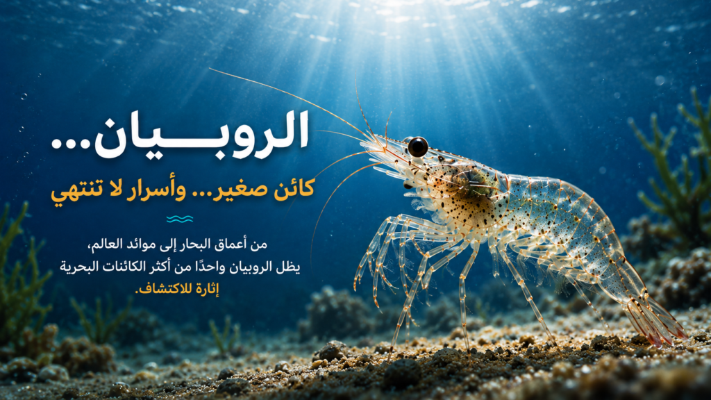 روبيان بحري واقعي في أعماق البحر تحت أشعة الشمس المتسللة عبر الماء، في مشهد سينمائي يوثق جمال هذا الكائن البحري المدهش ويبرز تفاصيله الدقيقة داخل بيئته الطبيعية.
