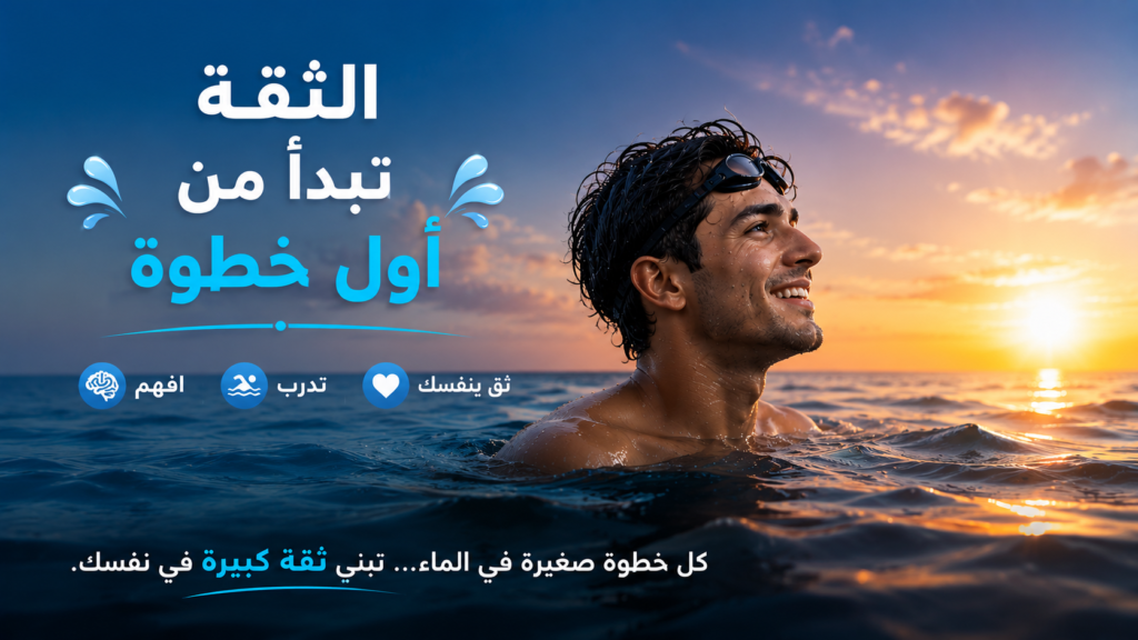 سباح مبتسم يطفو بثقة في البحر عند غروب الشمس بعد التغلب على الخوف من الماء، في مشهد يرمز إلى الثقة بالنفس والراحة والأمان داخل البيئة المائية.