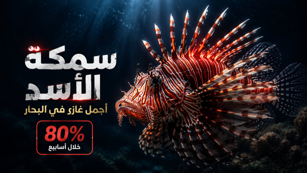 سمكة الأسد السامة تسبح بين الشعاب المرجانية تحت الماء، مظهرة أشواكها السامة وزعانفها المميزة، في مشهد يوضح لماذا تُعد من أخطر الكائنات الغازية التي تهدد التوازن البيئي البحري.