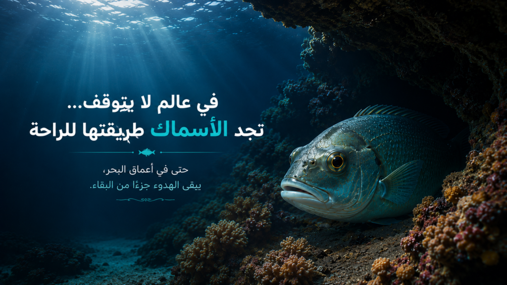 صورة ختامية مؤثرة لسمكة بحرية تستريح بهدوء قرب الشعاب المرجانية داخل كهف صخري تحت الماء، مع أشعة ضوء ناعمة تتسلل من السطح، في مشهد يرمز إلى الراحة والتوازن والبقاء في أعماق البحر.