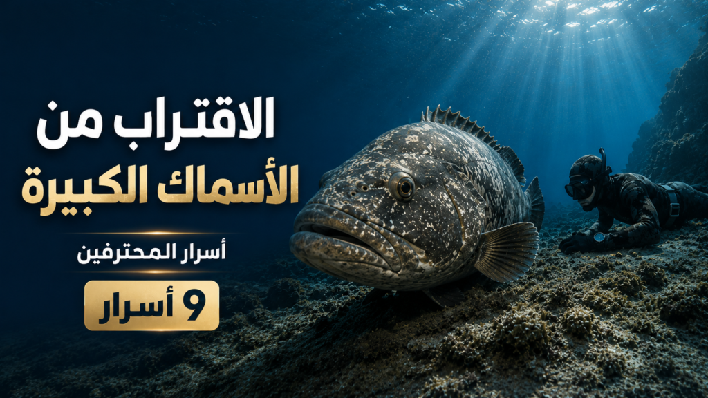 صياد تحت الماء يقترب بهدوء من هامور ضخم قرب القاع الصخري تحت الماء، في مشهد يكشف أسرار الاقتراب من الأسماك الكبيرة التي يستخدمها غواصو النخبة.