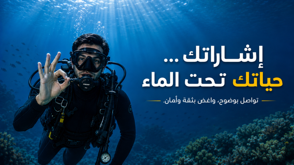 غواص بالأسطوانات ينفذ إشارة OK تحت الماء في مشهد ختامي يبرز أهمية التواصل الآمن وإشارات الغوص للحفاظ على السلامة أثناء استكشاف الأعماق.