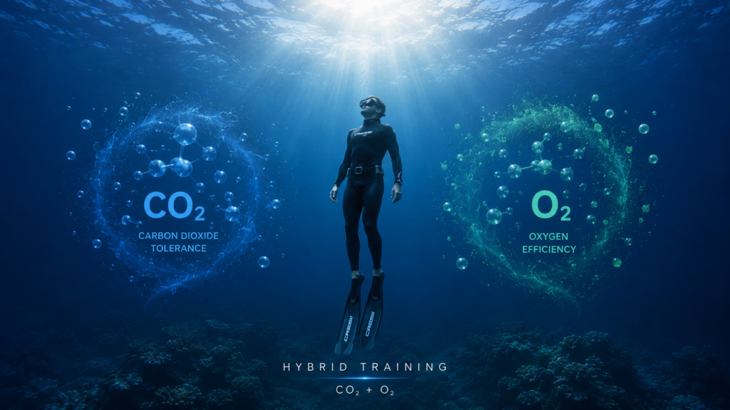 غواص حر تحت الماء بين رمزي CO₂ وO₂ في مشهد يوضح مفهوم Hybrid Training والتوازن بين تحمل ثاني أكسيد الكربون وتحسين الاستفادة من الأكسجين أثناء حبس النفس.