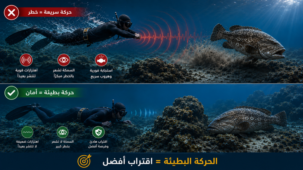 إنفوغرافيك يقارن بين الحركة السريعة والحركة البطيئة تحت الماء، ويوضح كيف تؤثر الاهتزازات الناتجة عن حركة الغواص على سلوك الهامور وفرص الاقتراب منه.