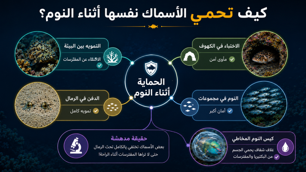 إنفوغرافيك علمي يوضح كيف تحمي الأسماك نفسها أثناء النوم تحت الماء باستخدام التمويه بين الشعاب، والاختباء داخل الكهوف، والدفن في الرمال، والنوم ضمن مجموعات، وتكوين كيس مخاطي واقٍ لدى بعض الأنواع البحرية.