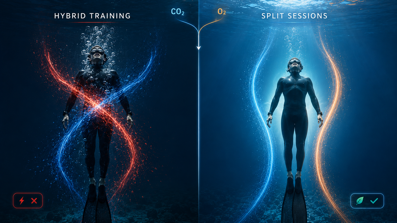 مقارنة بصرية بين Hybrid Training وSplit Sessions توضح تأثير دمج وفصل تمارين CO₂ وO₂ على جودة التدريب والاستشفاء في الغوص الحر
