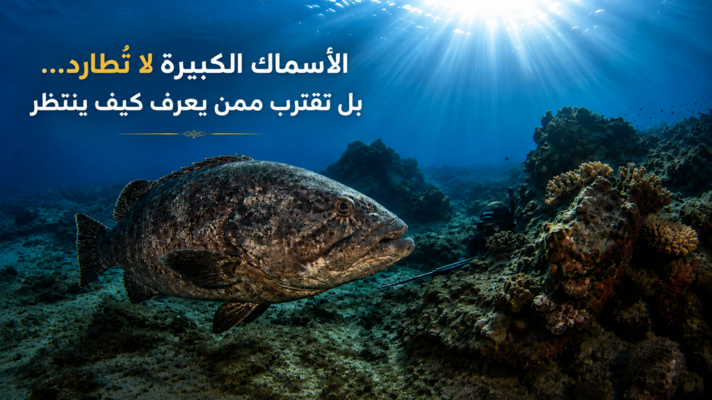 هامور ضخم يقترب بهدوء من غواص مختبئ خلف الصخور في مشهد يعكس فن الصبر والتخفي أثناء الصيد تحت الماء.